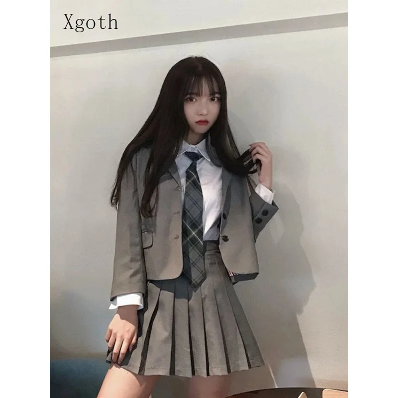Xgoth Girl JK Костюм из 3 предметов для женщин Корейская шикарная винтажная рубашка с галстуком в консервативном стиле + серый блейзер + плиссированная короткая юбка для старшеклассниц Костюмы для косплея