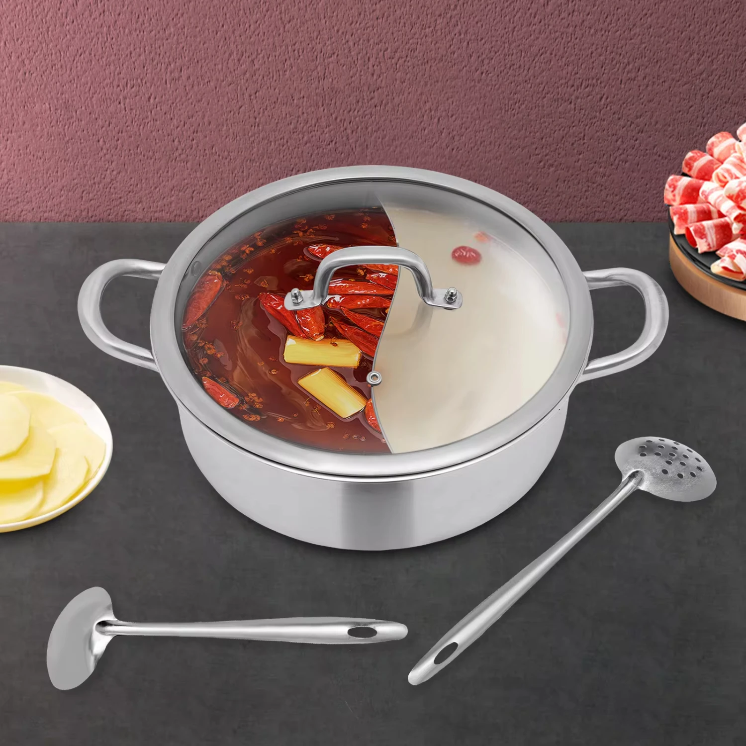 Фото Двухсторонний разделитель Shabu из нержавеющей стали для приготовления супа, горячая кастрюля, кухонная утварь с крышкой №4