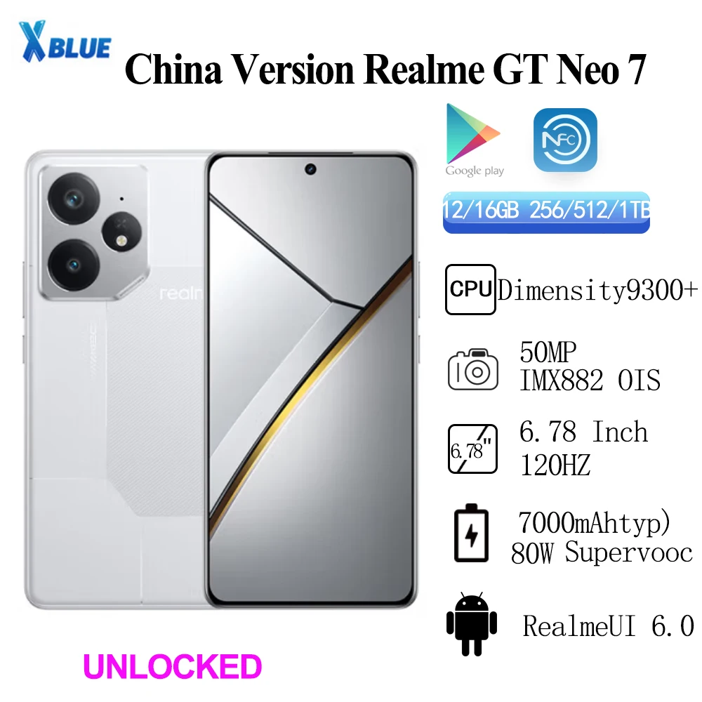 Оригинальный мобильный телефон Realme GT NEO 7, аккумулятор 7000 мАч, размер батареи 9300+, 50,0 МП, камера 6,78 дюйма, OLED, 120 Гц, 80 Вт, зарядка, Android, 15,0