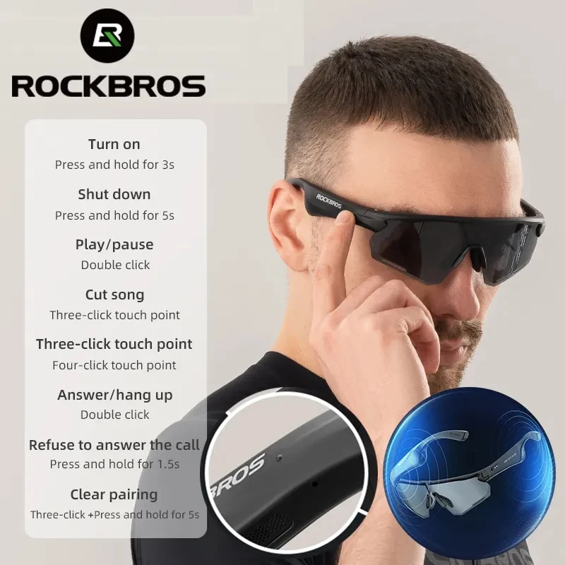 Фото ROCKBROS поляризационные велосипедные очки, беспроводные солнцезащитные очки Bluetooth 5,2, гарнитура, телефон, вождение, MP3, очки для верховой езды, очки UV400 №2