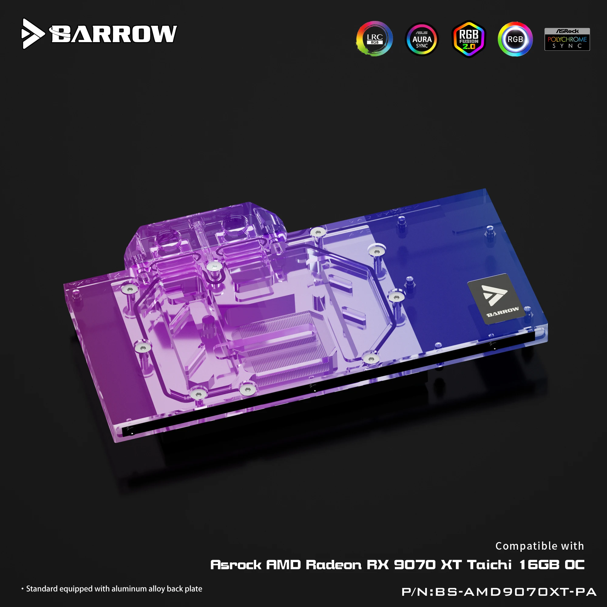 Водяной блок Barrow GPU, жидкий охлаждающий радиатор для ASRock AMD Radeon RX 9070 XT, медная основа, акриловый верх, BS-AMD9070XT-PA