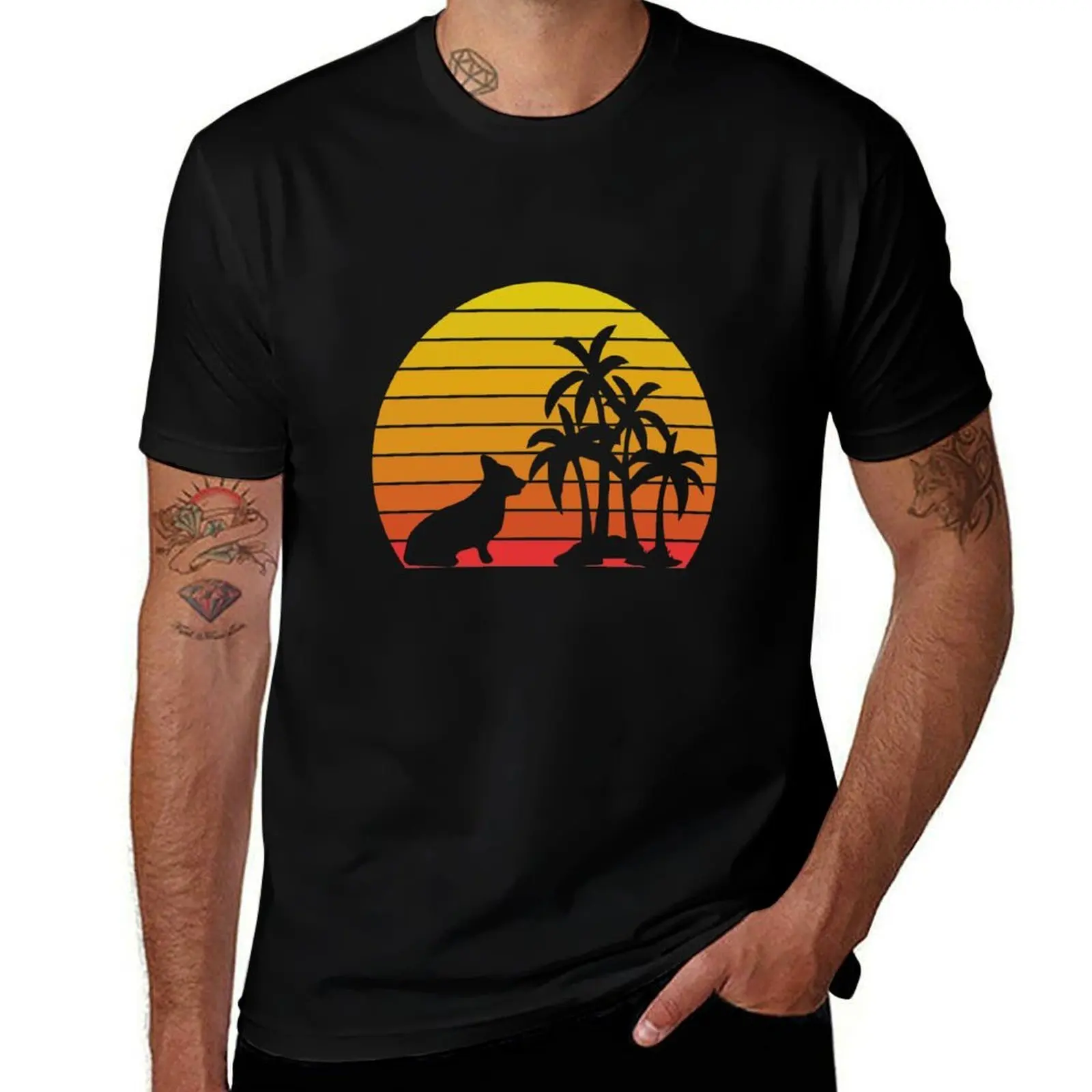 Ретро винтажная футболка Corgi Sunset Palm Trees Beach Silhouette, футболки из 100% хлопка, мужская футболка из 100% хлопка, футболка люксового бренда