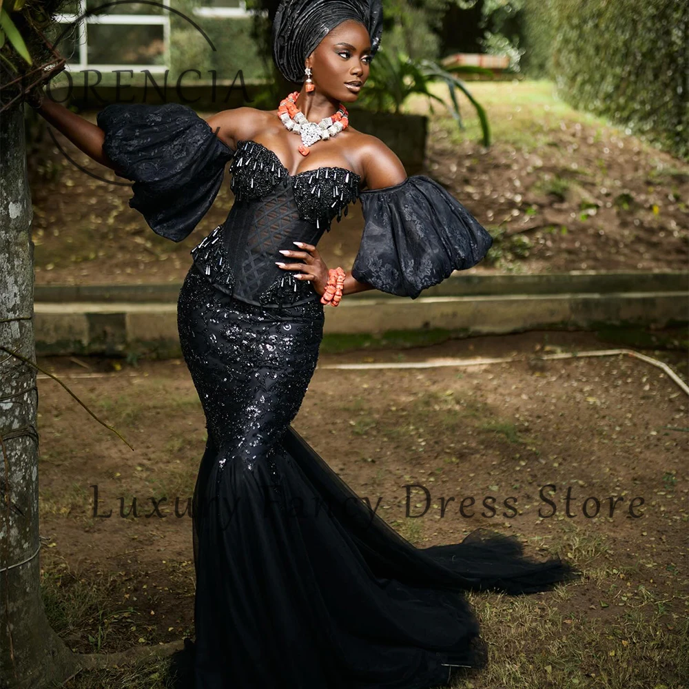 Aso Ebi Crystal Prom Dresses Африканское женское вечернее платье с блестками и русалкой Роскошное тюлевое платье по индивидуальному заказу придворное международное。