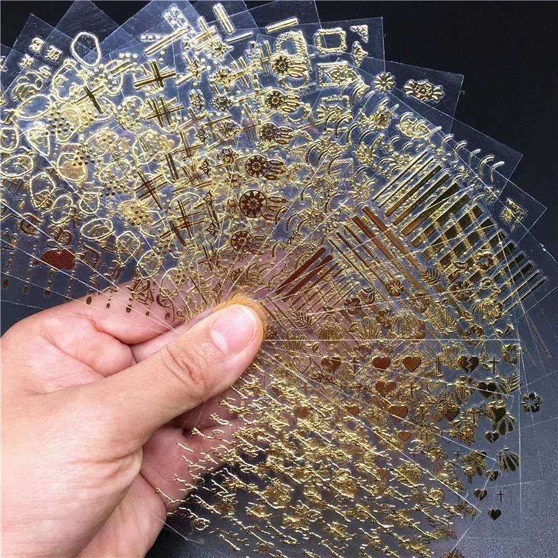 5 листов металлические золотые 3D наклейки для дизайна ногтей геометрические слайдеры штамповка наклейки линия клейкие наклейки для ногтей DIY дизайн рамки в форме сердца