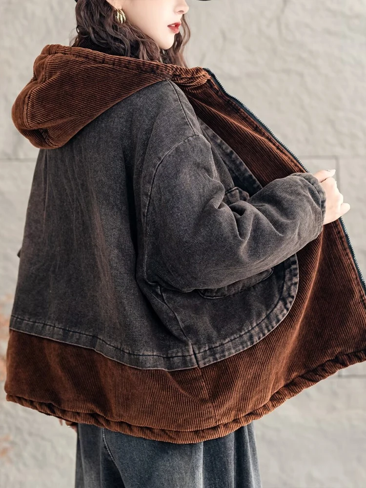 Фото Max LuLu 2024 зимние парки женские модные вельветовые джинсовые стеганые куртки Свободные Теплые винтажные повседневные Утепленные Пальто большого размера с капюшоном №2
