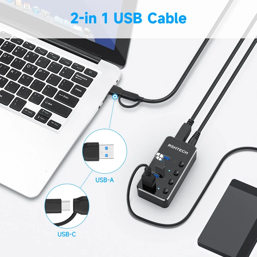 Фото Разветвитель RSHTECH usb-хаб 3,0 с адаптером питания 5 В 2 А и индивидуальными переключателями ВКЛ/ВЫКЛ №4