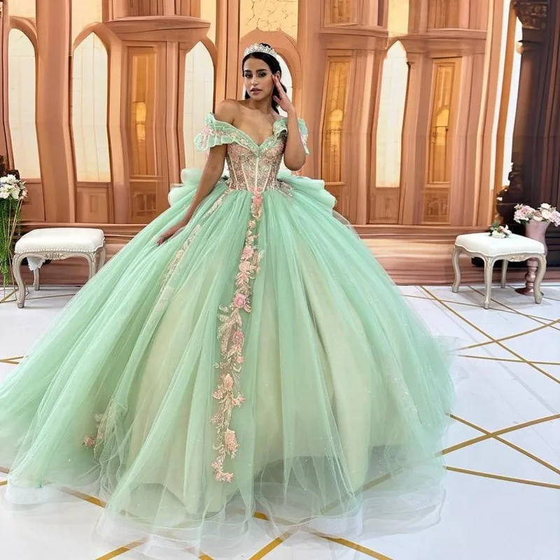 ANGELSBRIDEP цыпленок шалфея зеленые рюши Quinceanera платья бальное платье с 3D цветочной аппликацией строгие Выпускные платья