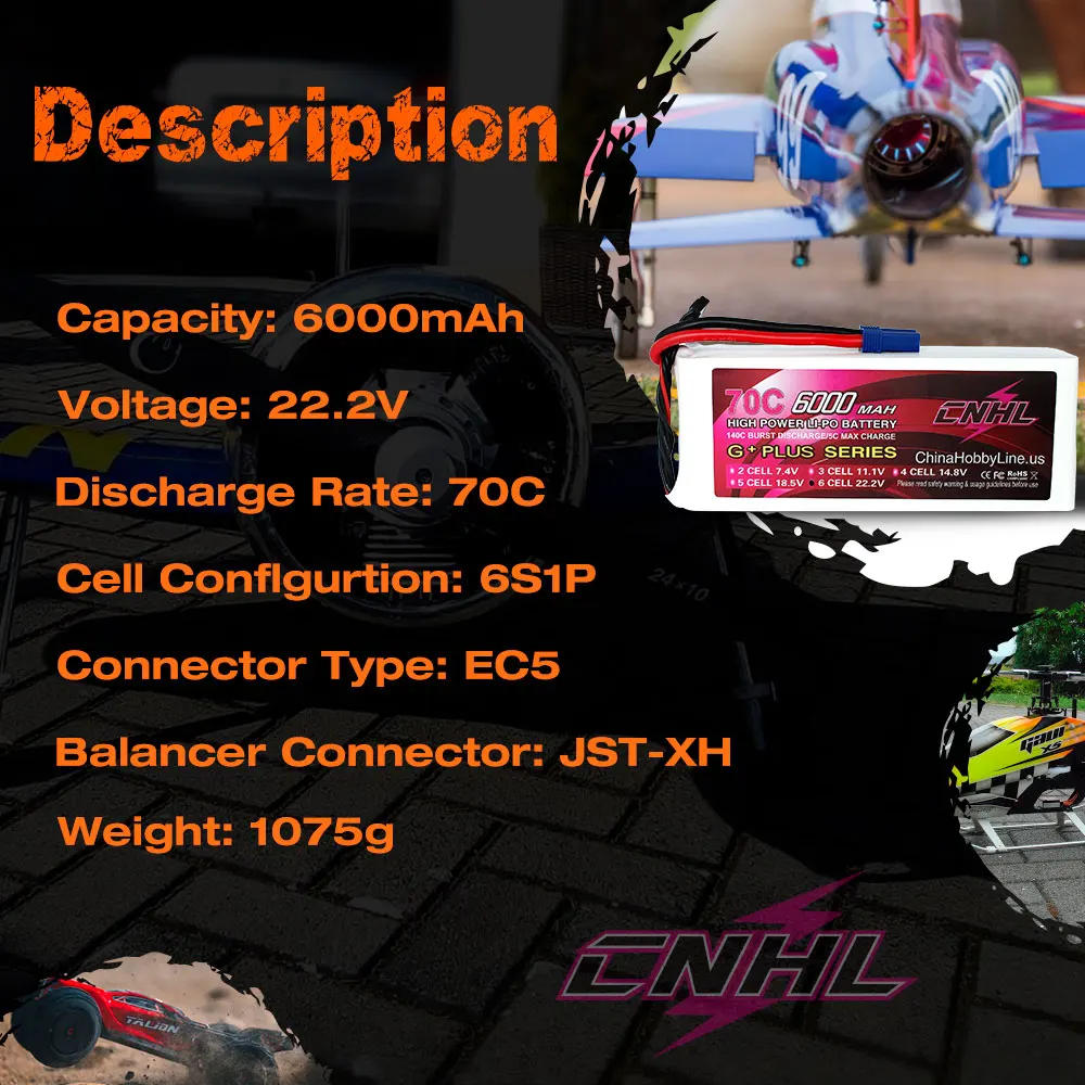 Фото Аккумулятор CNHL Lipo 6S 22,2 в 6000 мАч 70C G + PLUS с разъемом EC5 для радиоуправляемого автомобиля самолета вертолета Jet Edf Speedrun грузовика Багги Truggy №2