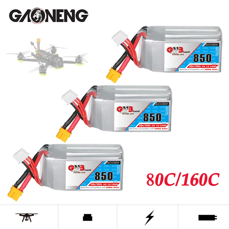 11,1 В перезаряжаемая батарея GNB 3S 850 мАч 80C/160C для RC FPV гоночного дрона квадрокоптера вертолета запасные части 3S литий-полимерная батарея