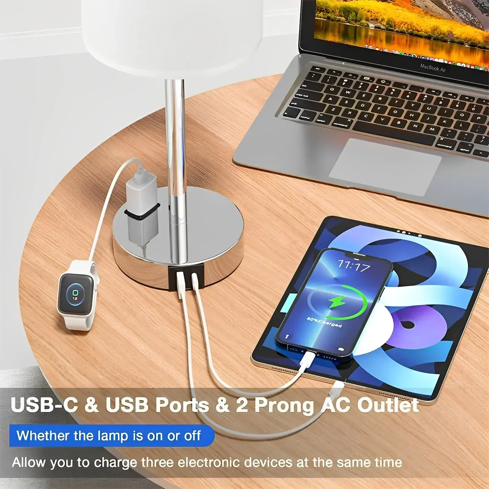 Фото Приглушаемая сенсорная настольная лампа, 1 шт., с USB портом C и розеткой переменного тока, для прикроватного столика, гостиной, гостевой комнаты №2