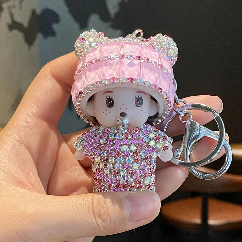 Фото Kawaii креативный инкрустированный бриллиантами брелок для куклы Monchi, подвеска для сумки для девочек, брелок для ключей от машины, детские праздничные подарки №4