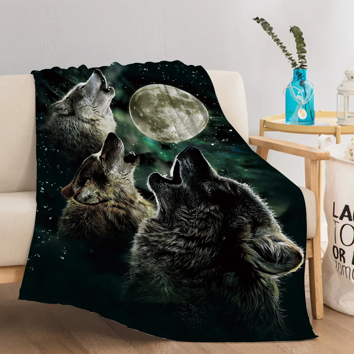 Фото Serigala selimut lempar tiga serigala melolong di Moonlignt dicetak selimut untuk для дивана №2