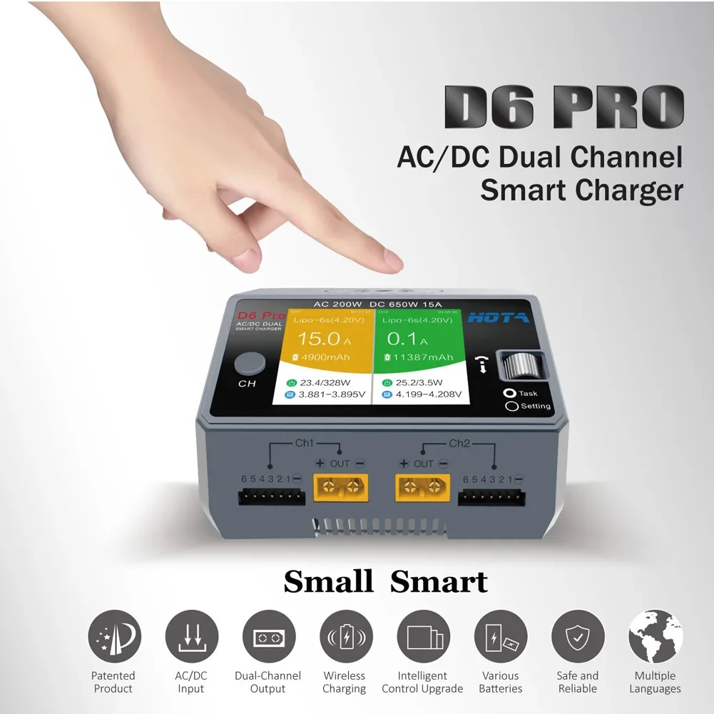 HOTA D6 Pro AC 200 Вт постоянного тока 650 Вт 15 А * 2-канальная интеллектуальная батарея с поддержкой распределения питания 1-6S Зарядное устройство для радиоуправляемых дронов Запасные части