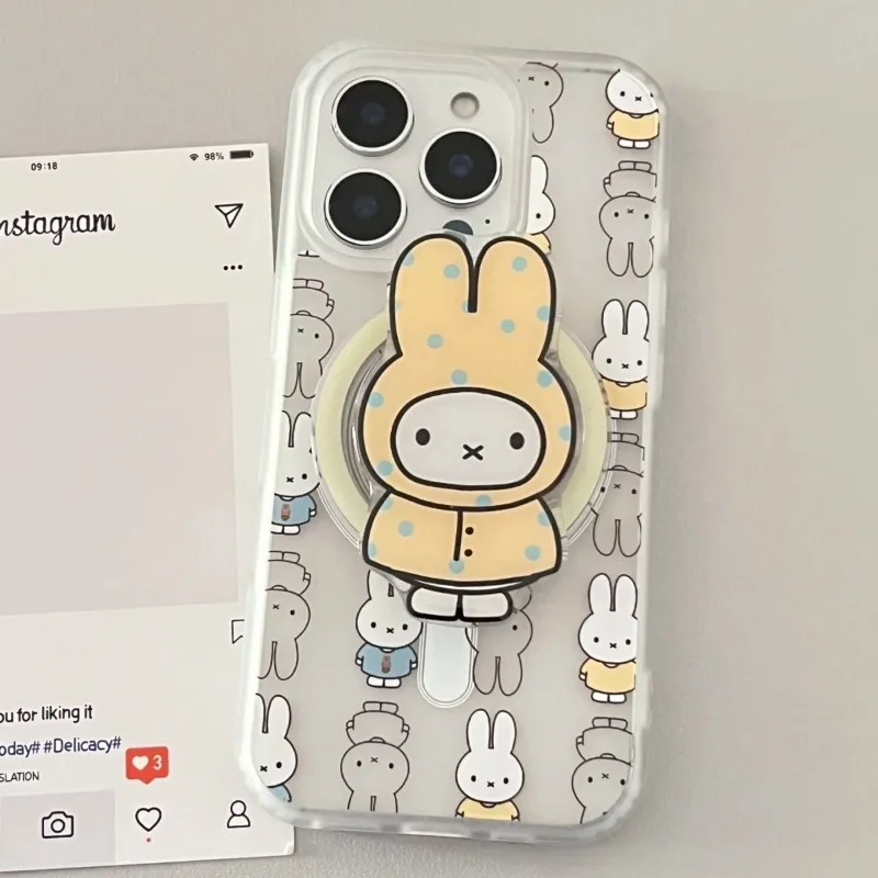 Фото Магнитный чехол Miffy MagSafe с подставкой и чехлом для телефона для IPhone 16/15/14/13/12/11 Pro Kawaii с мультяшным кроликом, противоударный модный праздничный подарок №2