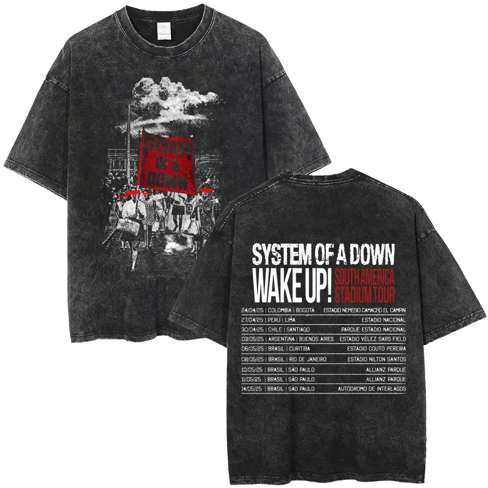 Футболки Washed Vintage System of A Down Wake Up Tour 2025 для мужчин и женщин, футболка большого размера в стиле рок, альтернативные металлические футболки 90-х годов