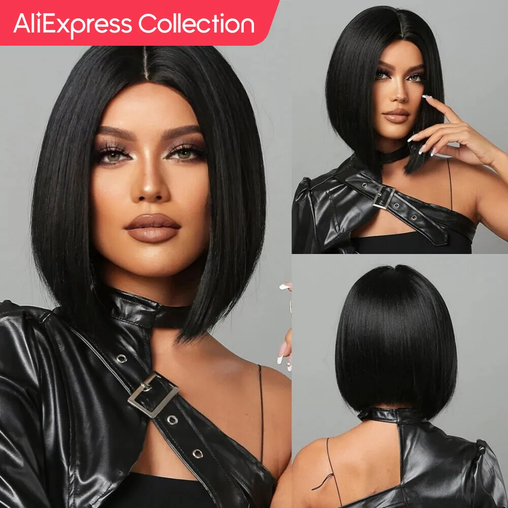 AliExpress коллекция натуральных волос для черных женщин короткие прямые волосы средняя часть термостойкий синтетический парик для