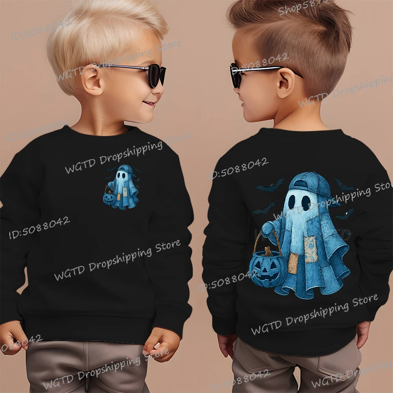 Детские толстовки с принтом Boo на Хэллоуин, веселый призрак, тыква, модная детская одежда, винтажный пуловер на Хэллоуин, подарок для мальчиков
