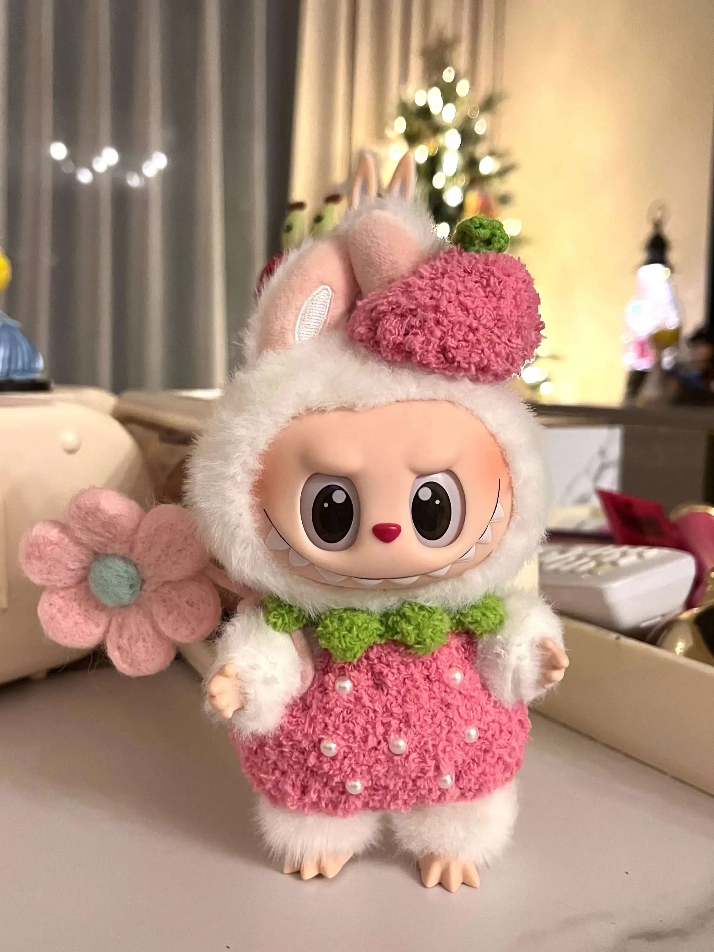 17 см кукла Labubu, одежда, кулон, Macaron v1 v2, вязаный комплект с клубникой, милая мини-плюшевая кукла, одежда, аксессуары, одежда