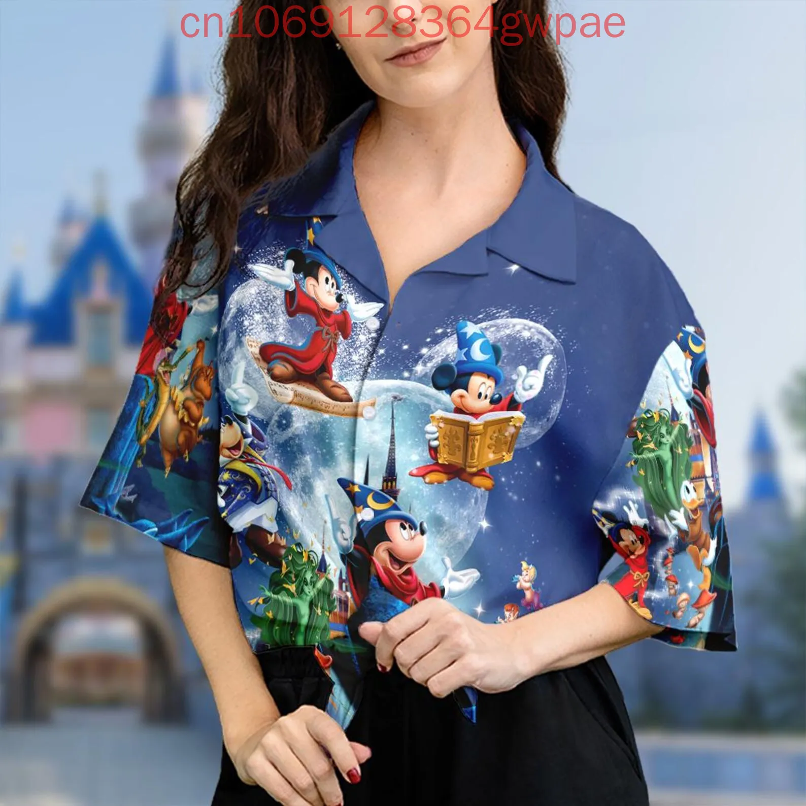 Фото Женская рубашка с рисунком Микки Мауса Fantasia, гавайская рубашка на пуговицах, топы, летние повседневные женские пляжные рубашки с короткими рукавами Disney №2