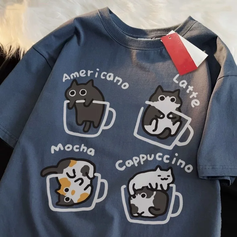 Фото ZAZOMDE Harajuku Cat Coffee Pure Модная свободная футболка с короткими рукавами для мужчин и женщин оригинальные футболки Mocha Latte Cat Fun Cat №3