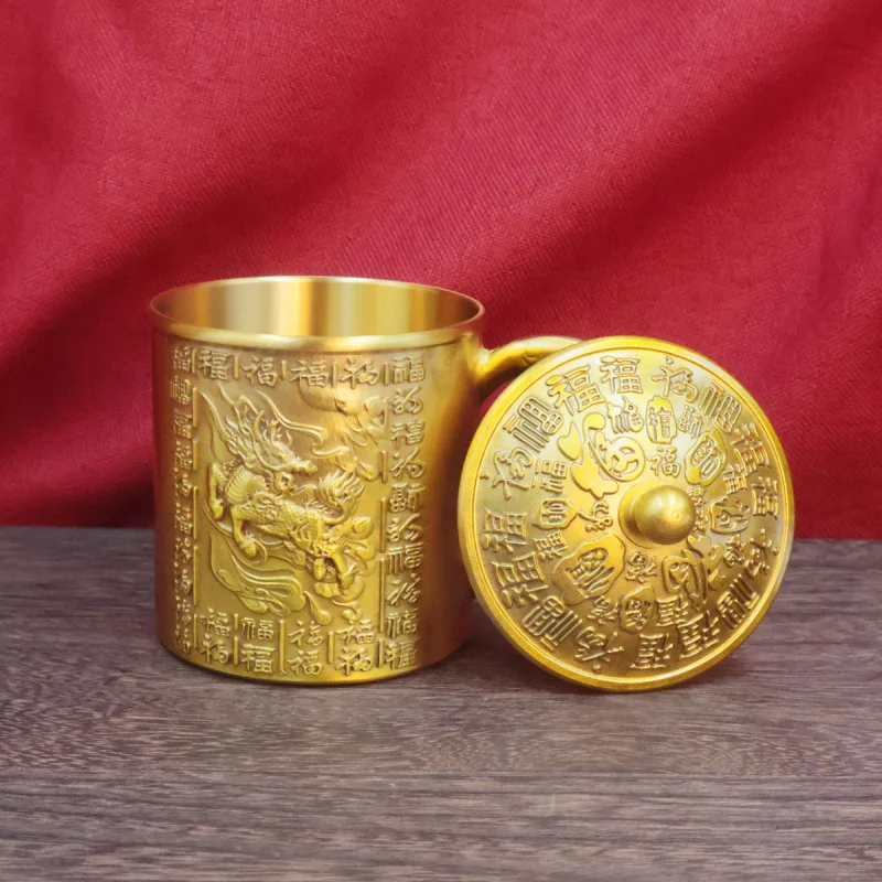 Фото Латунная чайная чашка KIRIN Baifu для дома, новый китайский стиль, украшение для рабочего стола для ресторана с крышкой, контейнер для чая, металлические украшения, поделки №3