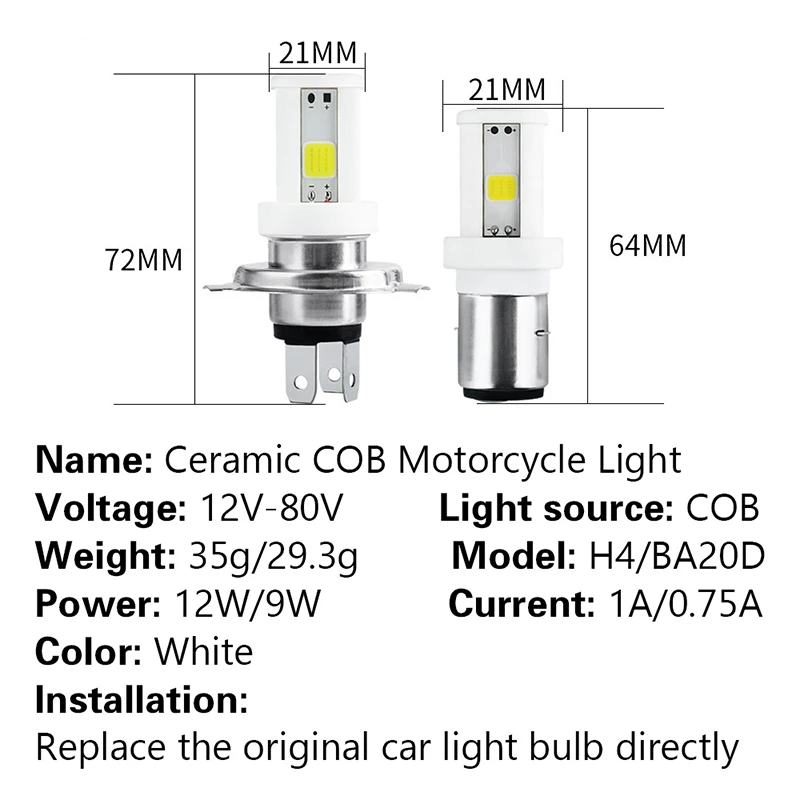 Фото Лампы для фар мотоцикла H4 Led 3 стороны COB Мото фонари дальнего ближнего света Аксессуары для мотоциклов Керамический светодиод 12 В №3