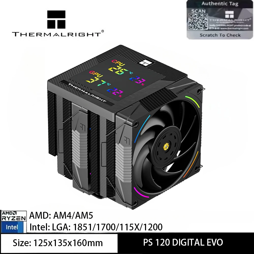 Thermalright PS 120 DIGITAL EVO Кулер для процессора ARGB PC CPU Air Cooler с цифровым дисплеем для Intel LGA 1851/1700/115X/1200/AMD AM5/AM4