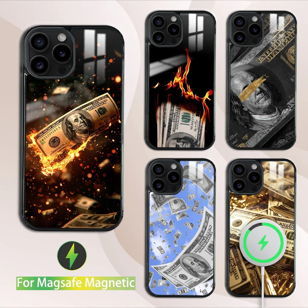 Роскошный чехол для телефона «Долар США» для iPhone 16, 15, 14, 13, 12, 11 Pro Max Plus Mini Magsafe Mirror, беспроводной магнитный чехол