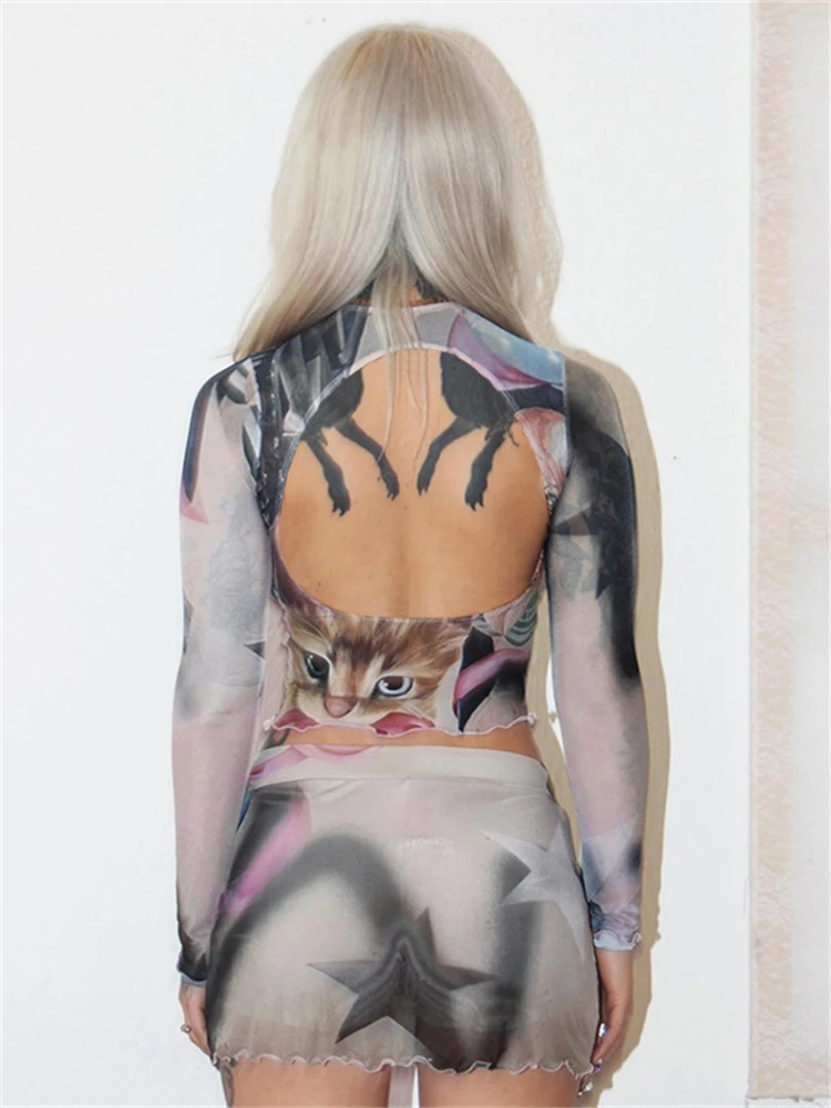 Фото Absobe Y2K Cat Print Mesh Мини-юбка 2-х предметный комплект Женский укороченный топ с открытой спиной и длинными рукавами Короткая юбка Hottie Street Slim Outfit №3