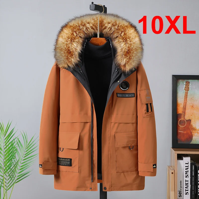 Зимние мужские парки размера плюс 10XL с меховым воротником, утепленные теплые пальто с капюшоном, мужская верхняя одежда со съемной подкладкой
