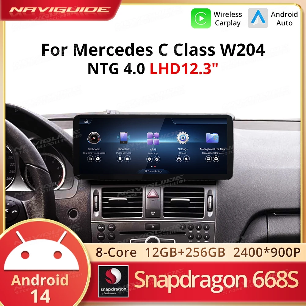 NAVIGUIDE Android14 для Mercedes C Class W204 NTG 4,0 беспроводной Carplay Android Auto интеллектуальный автомобильный навигационный мультимедийный плеер