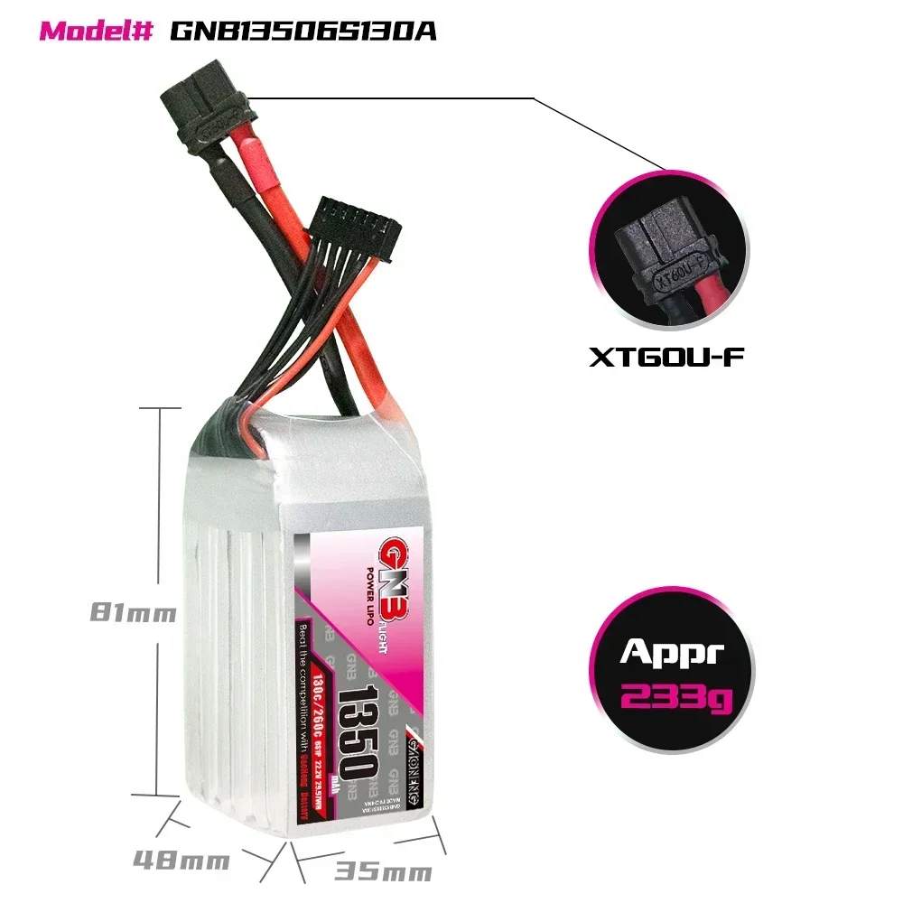 GAONENG GNB 1350 мАч 6S 130C 260C 22,2 В XT60 LiPo аккумулятор Размер 180-330 мм Бесщеточный FPV Cine Whoop Cinelog Вертолет