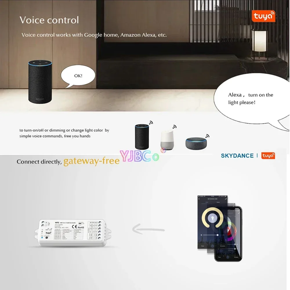 Фото Skydance WT5 WiFi и RF 5 в 1 светодиодный контроллер Tuya App Dimmer 5CH * 3A 12-24VDC для одноцветной/CCT/RGB/RGBW/RGB + CCT светодиодной ленты №4