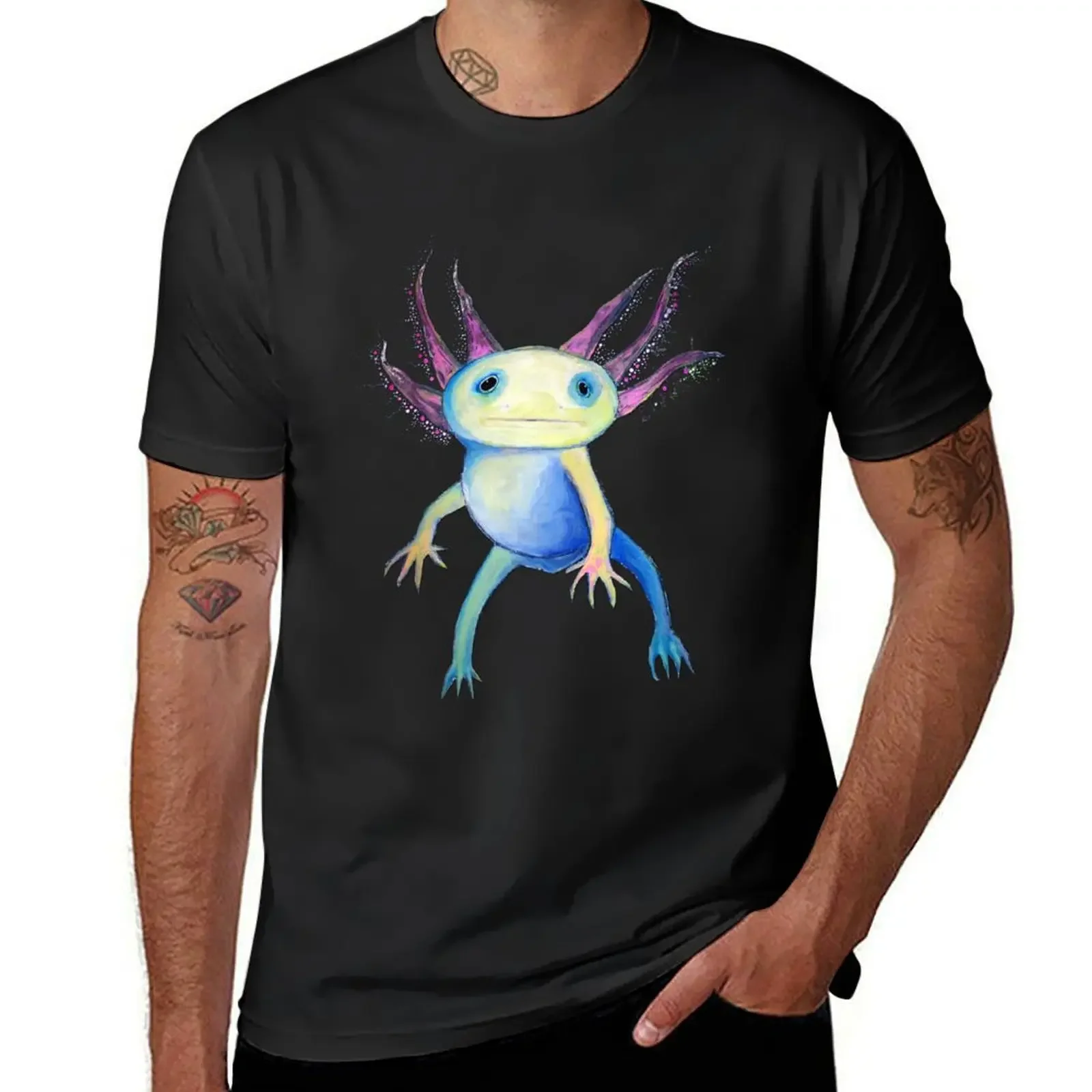 Футболка с дизайном Axolotl Aquarell, футболка большого размера с синим замком, мужские черные футболки для мужчин