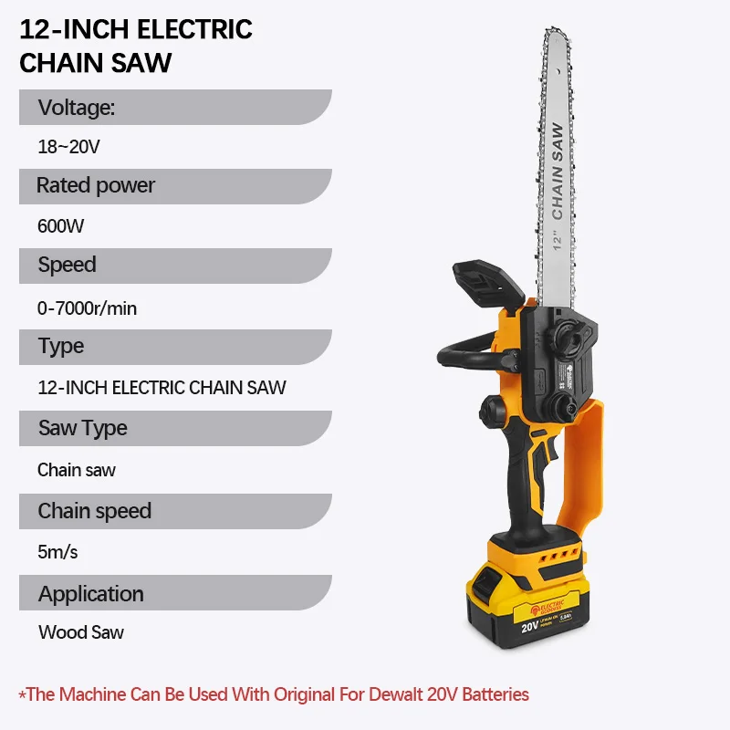 Фото Электрическая богиня 12 дюймов для Dewalt 20 В, аккумуляторная бесщеточная электрическая цепная пила, 600 Вт, аккумуляторная электрическая пила для резки дерева, садовая пила №2
