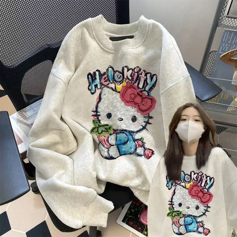 Женская футболка Hello Kitty Sanrio, футболки с длинными рукавами, мультяшный принт Y2k, универсальные топы для милых девочек, осенне-зимний свитшот