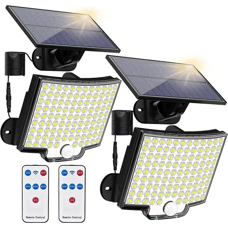 Солнечные светильники для движения, 106led, уличная Отдельная панель, на солнечных батареях, прожекторы безопасности с дистанционным управлением, IP65, водонепроницаемые настенные светильники