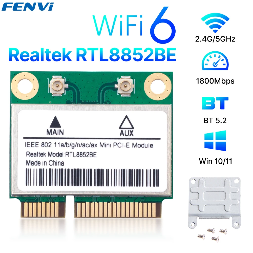Сетевая карта fenvi WiFi 6 RTL8852BE Mini PCI-E Blue-tooth 5,2 AX1800, двухдиапазонный беспроводной адаптер Wlan 2,4G/5 ГГц для Windows 10/11