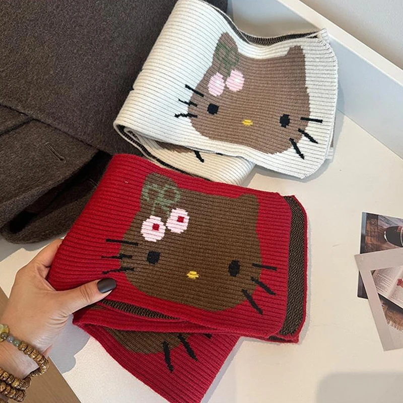 Утолщенный ветрозащитный шарф Sanrio с героями мультфильмов, милый вязаный шерстяной шарф «Hello Kitty», осень-зима, теплый шарф с сердечком для девочек KT Cat, Рождественский подарок