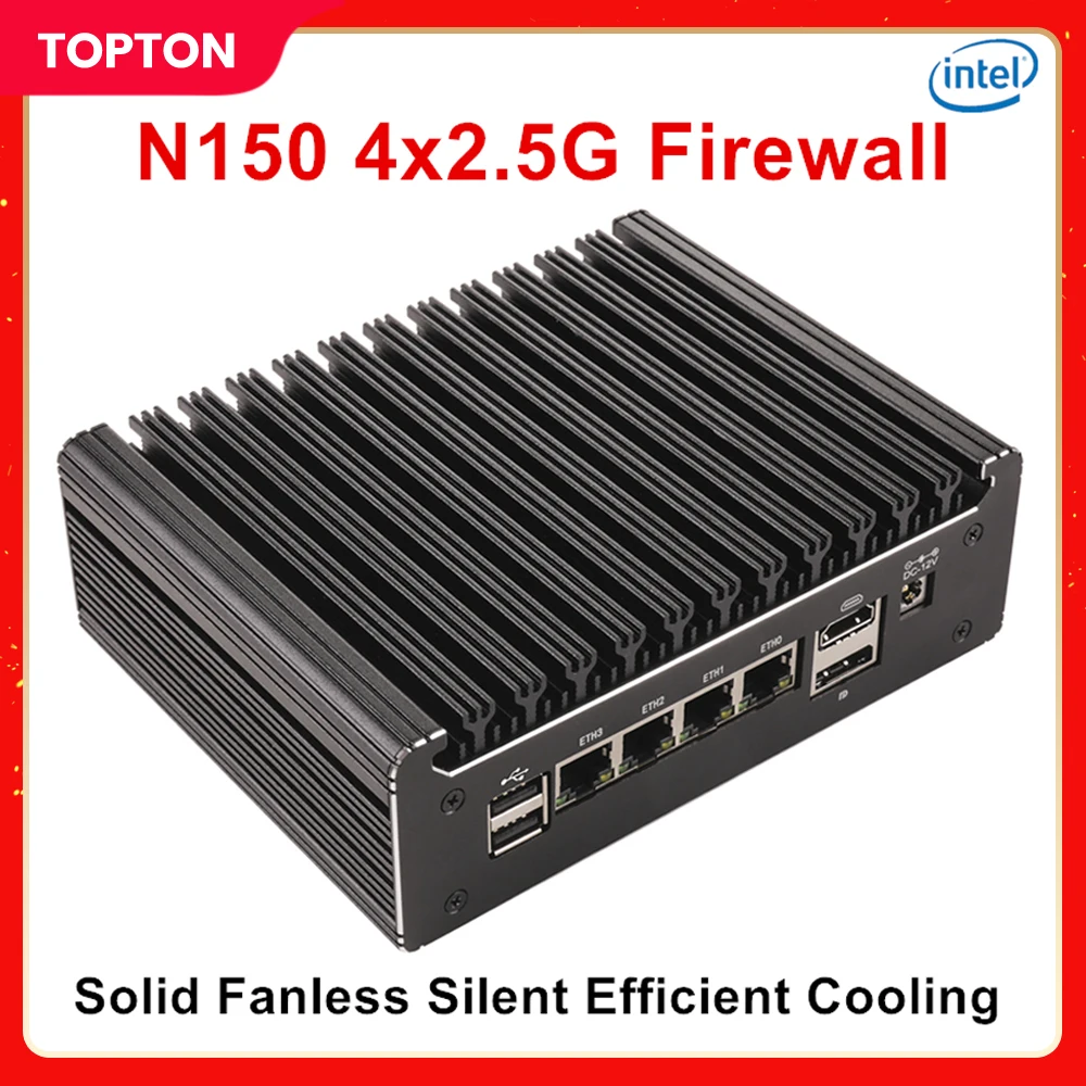 Твердый безвентиляторный мини-ПК Intel N150, 4 ядра, 4x i226-V, 2,5G LAN, брандмауэр, небольшой домашний сервер DDR4 NVMe Type-C pfSense OPNsense AES-NI