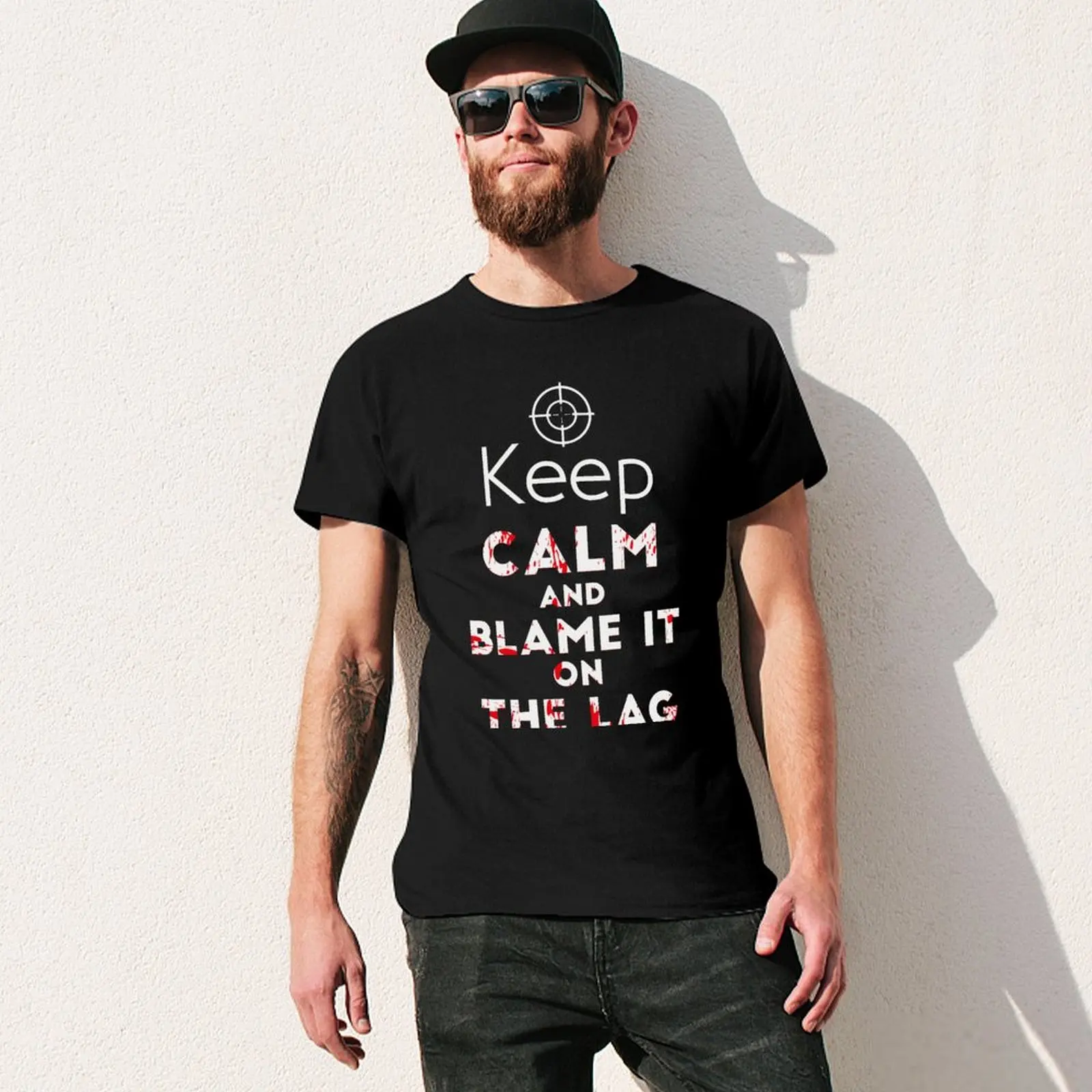 Фото Футболка с надписью Keep Calm And Blame On The Lag, хлопковые футболки с графическим рисунком, футболки с графическим рисунком, футболки, футболки с графическим рисунком, мужские футболки №3