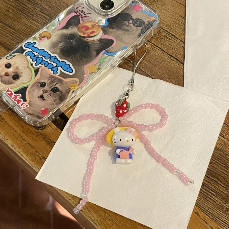 Милый Бант KT Cat телефонная цепочка Милая Hello Kitty Клубника телефонный ремешок брелок Y2K для девушек