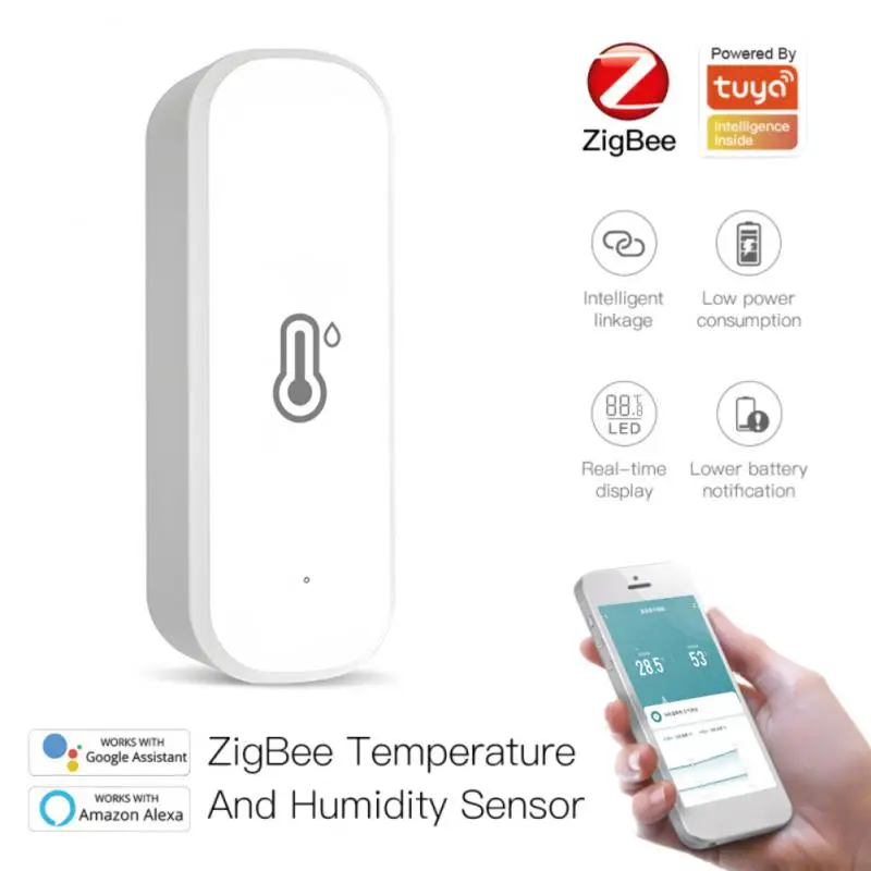Смарт-датчик влажности и температуры Tuya Zigbee, гигрометр для помещений, дистанционный мониторинг в режиме реального времени, работает с Alexa Google