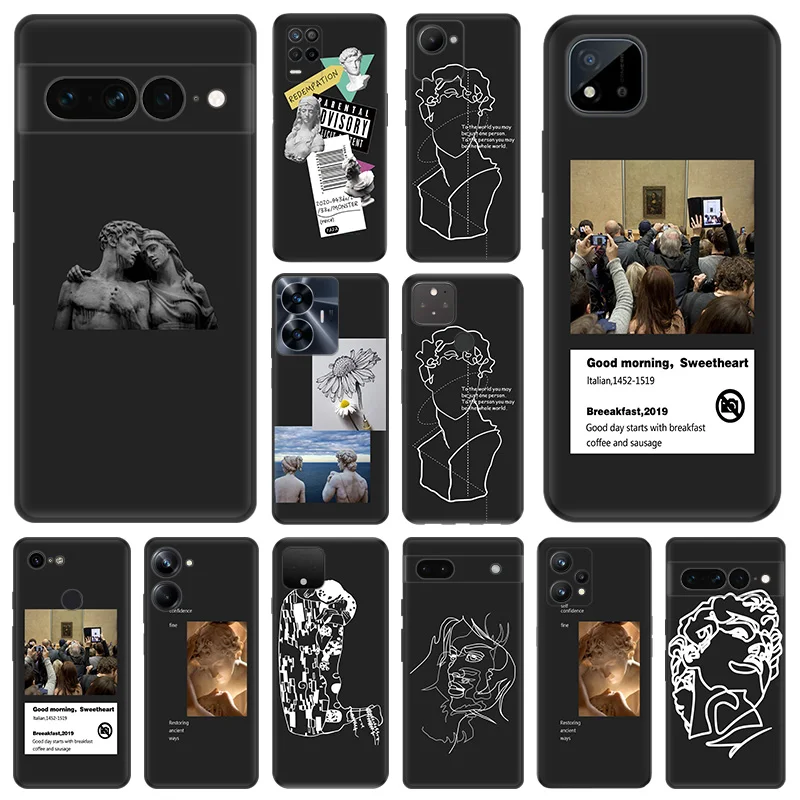 Матовая задняя крышка для Pixel 8 8a 7 7a 6 6a Moto Edge 20 30 40 Pro OneFusion G200 David Retro Mona Lisa Line Art, мягкая черная крышка