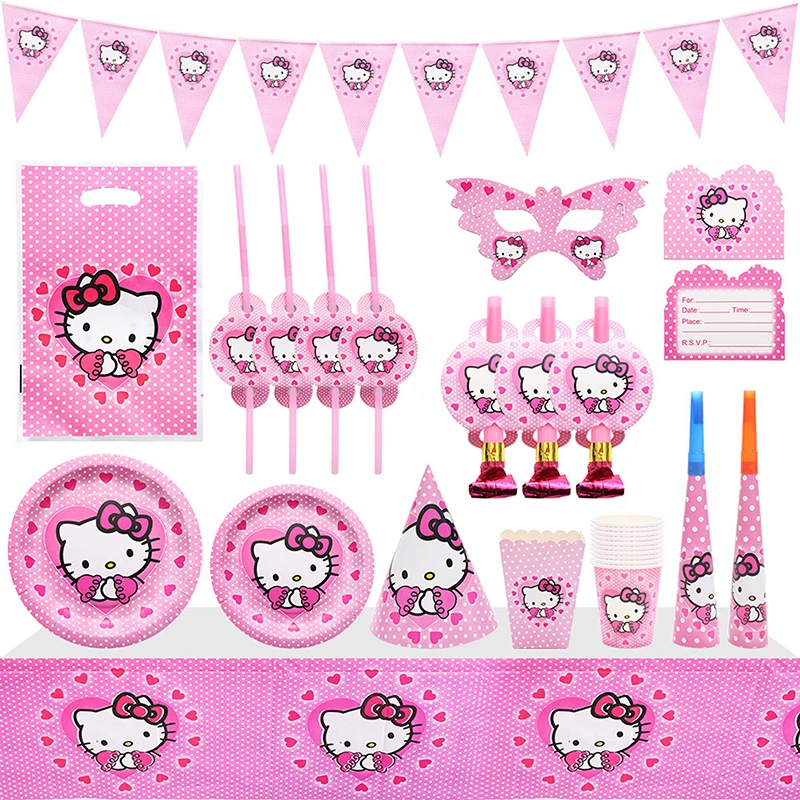 Мультфильм Sanrio Hello Kitty, украшения для дня рождения, детский набор для девочек, одноразовая посуда, чашка, салфетка, тарелка, принадлежности для детского душа