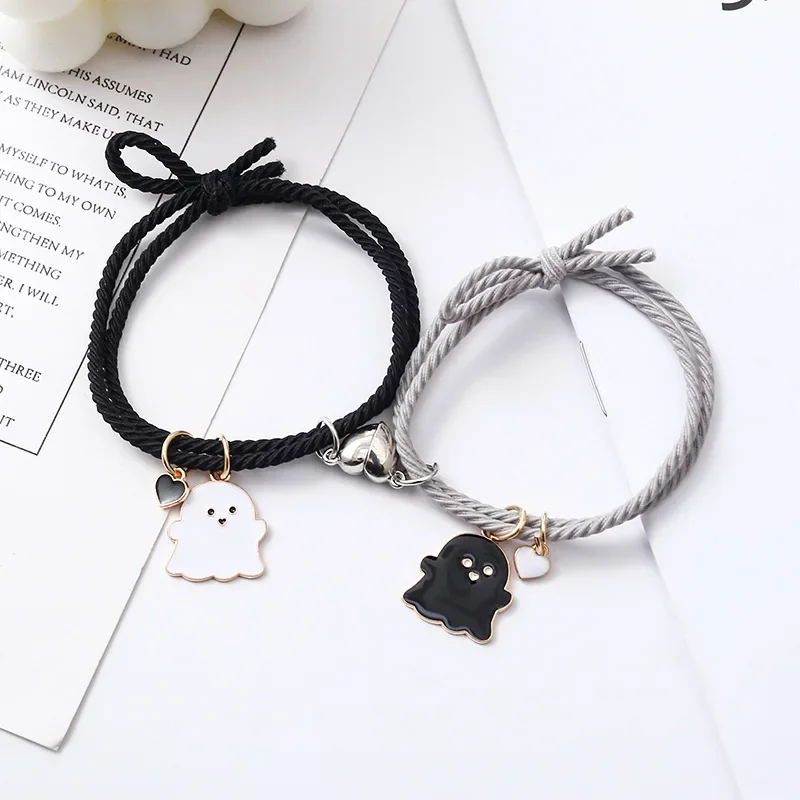 Фото 2Pcs /a Pair Couple Bracelet Black and White Ghost Bracelet Bracelet for Women Men Magnetic Heart Couple Personality Bangles №5