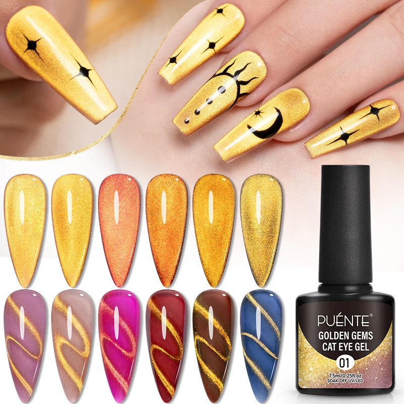 Фото PUENTE Golden Gems Cat Магнитный гель-лак для ногтей Супер блестящий золотой блеск Cat Eye Soak Off UV/LED полупостоянный лак для дизайна ногтей №2