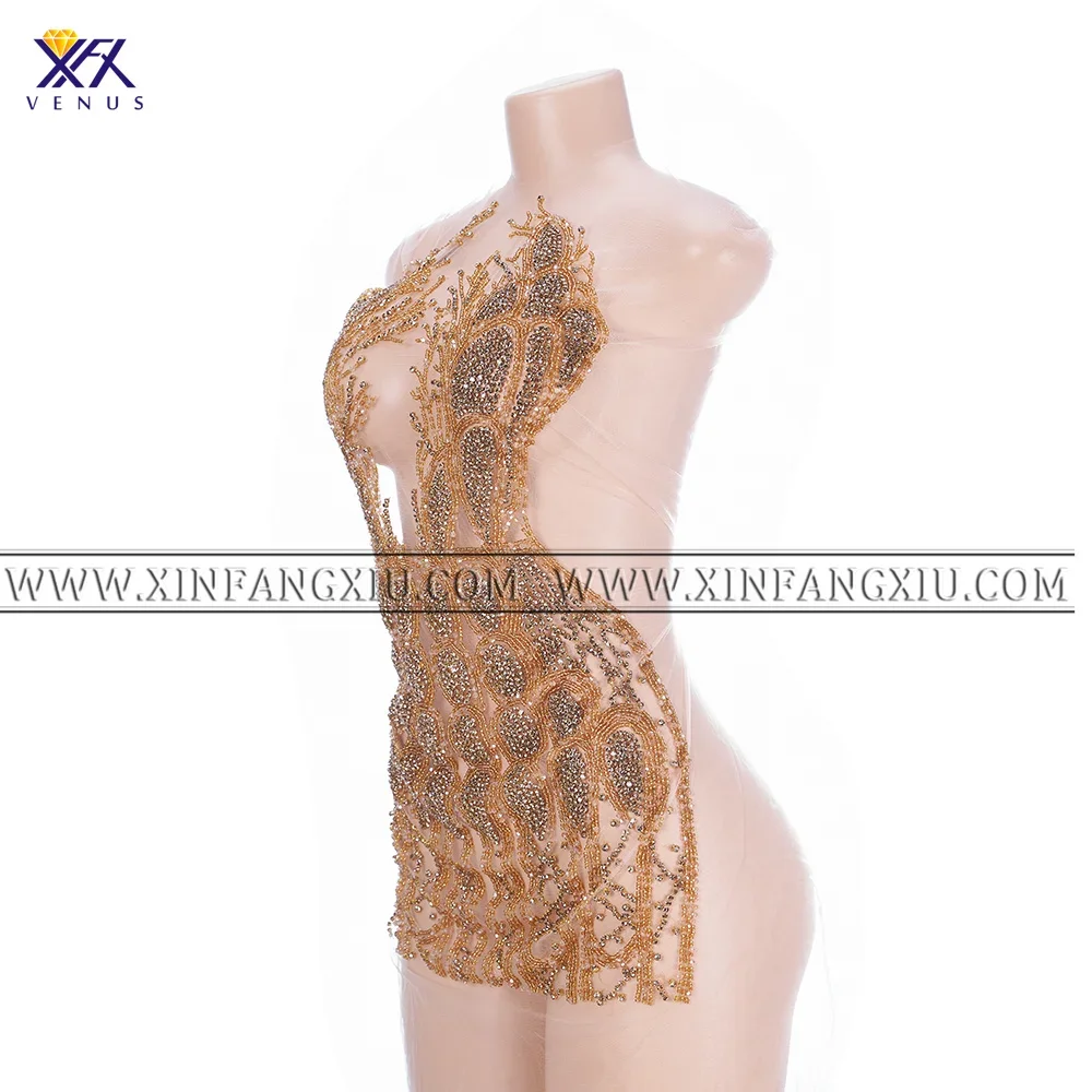 Фото XFX VENUS (1 шт.) Высокое качество, золотая кристаллическая вышивка, аппликация, нашивка ручной работы, стразы, лиф, аппликация, утюг на свадебном платье №2