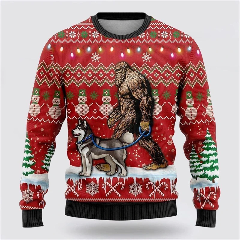Gorilla Walking The Dog Christmas Sweatshirt Unisex 3D Printed Snowman Novel Street Long Sleeve Sweatshirts Hip Hop Hoodies