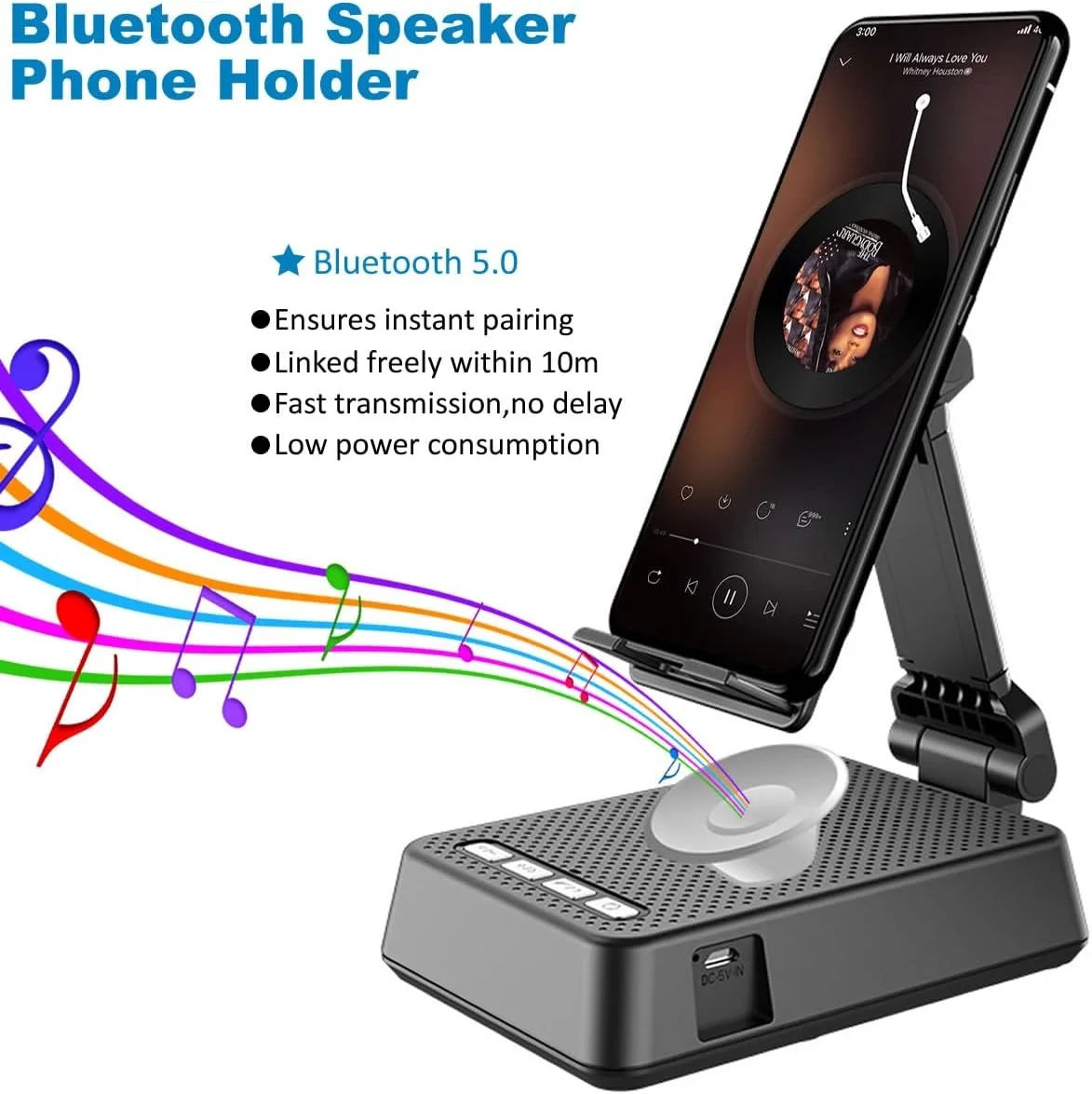 Фото Подставка для телефона с беспроводным динамиком Bluetooth, противоскользящим объемным HD-звуком, регулируемым держателем стола для планшета, портативным динамиком №2